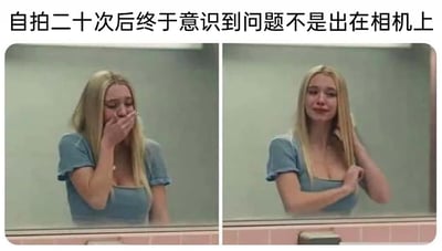 这是一张左右对比的多图拼接搞笑梗图，上方配有文字“自拍二十次后终于意识到问题不是出在相机上”。左侧图中，出自美剧《亢奋》的金发角色茱尔丝站在浴室镜子前，用手捂着嘴，脸上是懊恼又不敢置信的神情；右侧图里，她皱着眉头，面露委屈难过，一只手摸着头发，另一只手放在胸前，情绪显得十分低落。这组图通过角色夸张的情绪变化，幽默地调侃了很多人在自拍多次不满意时，一开始会将问题归咎于相机等设备，最后才不得不承认是自己不上镜的真实心态，精准戳中了大众自拍时的共鸣点，用自嘲的方式制造笑点。