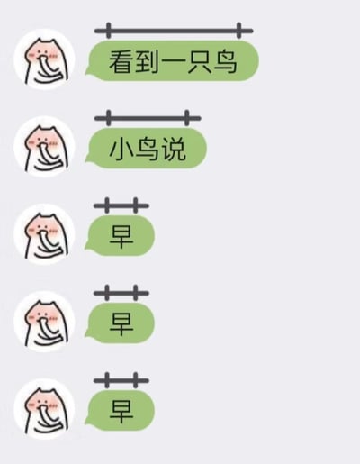 这是一张社交聊天平台的记录截图，使用了脸红捂嘴的卡通猫作为发送者头像，将经典儿歌《春天在哪里》中的歌词“小鸟说早早早”拆分为五条独立的聊天消息发送，依次是“看到一只鸟”“小鸟说”以及三个单独的“早”，通过这种拆分文本的方式制造出趣味搞怪的互动效果，风格可爱轻松，适合在好友聊天中玩梗活跃气氛。