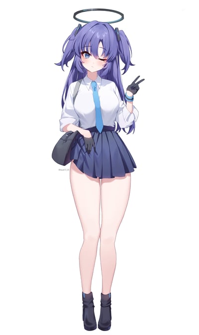 这是一张《蔚蓝档案》角色早濑优香的原创同人插画，画面中的优香有着光泽感的紫色双马尾发型，头顶悬浮着带有科技感的蓝边光环，身穿白衬衫搭配浅蓝色领带、藏青色百褶裙的制服，佩戴半透明黑色手套。她以站立姿势呈现，左手对着镜头比出V字手势，右手搭在身侧的挎包上，同时单眼wink，表情带着腼腆的娇俏感，整体画风清新柔和，背景为纯白色，将角色形象完美突出。