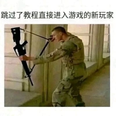 这是一张文字加注类的P图改编梗图，图中上方配有文字“跳过了教程直接进入游戏的新玩家”，下方是一名身着迷彩服的真人士兵，他错误地将步枪拿反，把枪托一端对准自己的眼部做出瞄准动作。这张图通过士兵错误使用枪械的滑稽画面，精准调侃了那些跳过游戏教程、完全不熟悉游戏操作，连基础道具使用都搞不清楚的新玩家，用夸张又贴合的场景展现了这类玩家的窘迫与生疏，充满幽默效果。