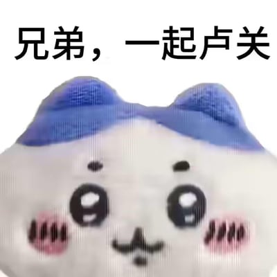 这是一张二次创作的梗图，使用日本人气IP《吉伊卡哇》里的角色小八的毛绒玩偶形象，玩偶睁着圆圆的眼睛，脸颊带着红晕，露出害羞期待的表情，图上方配文“兄弟，一起卢关”，用软萌可爱的画风来发出邀约，形成反差感，适合用来以亲切的语气喊朋友一起参与活动，其中“卢关”大概率是谐音或特定圈子的专属说法，可能指向游戏闯关、聚会活动等内容。