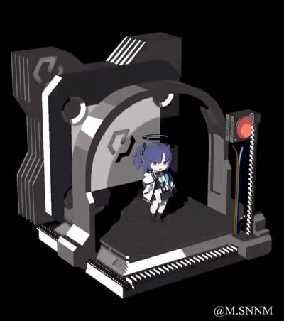 这是一张3D渲染的单图，画面中心是游戏《蔚蓝档案》中的角色早濑优香的Q版形象，她有着紫色的头发与头顶的标志性光环，身穿蓝白黑配色的制服，安静站立在充满科技感的灰黑配色机械舱结构内部。机械舱采用硬朗的几何线条设计，右侧带有一个红色指示灯与彩色排线，整体风格偏向赛博机械风，背景为纯黑色，有效突出了角色与机械舱的主体内容。
