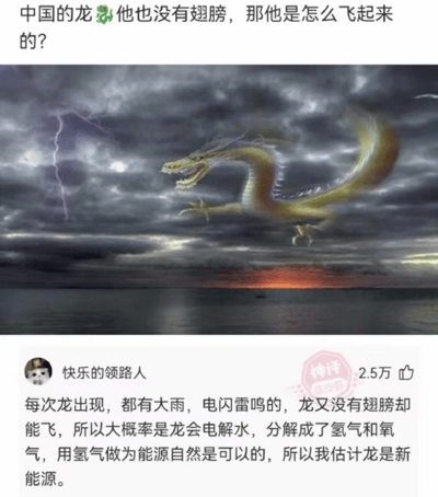 这是一张社交媒体截图，采用图文混排的形式，整体分为上下两个区域。上半区域是一张3D渲染的中国龙图像，画面中龙在乌云密布、电闪雷鸣的海面上方飞行，神态威严，配文提出疑问：“中国的龙🐉他也没有翅膀，那他是怎么飞起来的？”；下半区域是用户“快乐的领路人”的评论内容，该评论获得了2.5万点赞，并且带有“神评”标识，评论以脑洞大开的科学视角解读龙的飞行能力，称龙出现时常伴随大雨与雷电，推测龙可以电解水产生氢气，以此作为飞行的能源，调侃龙是“新能源”。整个内容将神话生物的特性与现代科学知识结合，属于网友自发创作的趣味网络梗图，充满诙谐幽默的氛围。
