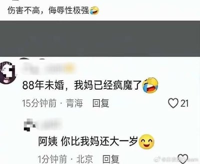 这是一张国内社交平台的评论区截图，顶部配文“伤害不高，侮辱性极强”搭配笑哭表情，点明内容的调侃属性。截图内第一条评论由IP属地为青海的用户发布，内容为“88年未婚，我妈已经疯魔了”，搭配捂脸笑表情，吐槽自己大龄未婚被母亲催婚的状态，该评论获赞21。随后有IP属地为北京的用户回复该评论，内容为“阿姨 你比我妈还大一岁”并搭配微笑表情，该回复直接将吐槽催婚的用户称呼为阿姨，调侃意味十足，完美呼应了顶部配文，笑点突出。