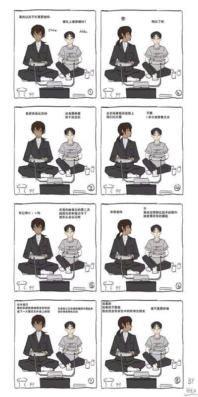 这是一组8格手绘连环条漫，描绘了穿着西装的Chloe和穿休闲T恤的Allen盘腿坐在地上打游戏时的互怼日常：
1. Chloe询问Allen是否会娶自己、婚礼谁穿婚纱，Allen暗示自己穿婚纱；
2. 两人互比穿西装的帅气程度，互相吐槽自恋；
3. Chloe提议拿自己的西装比试，Allen以身高为由拒绝；
4. 聊起共同认识的女生Rin，Allen坦言Rin因为喜欢Chloe的腹肌而和自己分手；
5. Chloe调侃婚后让Allen做饭省钱，Allen则以“丰满胸部”为条件回应；
6. Chloe放狠话称如果Allen不娶自己，就抢走他余生所有女朋友，Allen无奈劝阻。
全程两人都专注于打游戏，嘴上互怼却充满暧昧氛围，是典型的欢喜冤家式互动，没有双关或谐音梗，都是直白的调侃式告白。