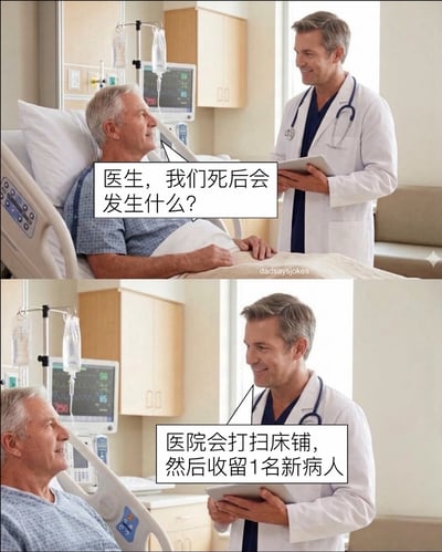 这是一张上下拼接的冷笑话梗图，场景设置在医院病房内：上半部分中，老年病人躺在病床上向站在床边的医生提问，问题为“医生，我们死后会发生什么？”，病人原本期待得到关于死后精神世界的相关回答；下半部分中，微笑的医生给出了意料之外的回答：“医院会打扫床铺，然后收留1名新病人”，通过答非所问的反差，将形而上的哲学问题转化为医院运营的现实流程，制造出冷幽默效果，契合“高情商回答”的主题。