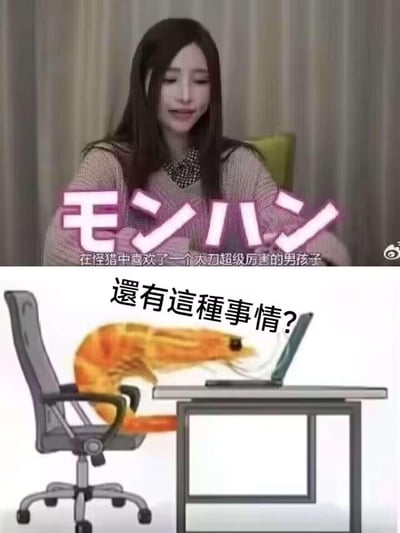 这是一张上下拼接的搞笑梗图：
上半部分是一位面带羞涩的女生，搭配日文「モンハン」（怪物猎人的日文缩写）和中文文字「在怪猎中喜欢了一个太刀超级厉害的男孩子」，传递出女玩家因游戏里的太刀大佬而心动的心情；
下半部分是网络流行的「虾仁办公」梗图，拟人化的虾仁趴在办公桌上盯着电脑，配文「還有這種事情？」，用虾仁的震惊反应来表达对这种因游戏技术产生好感的惊讶，通过上下反差制造搞笑效果。