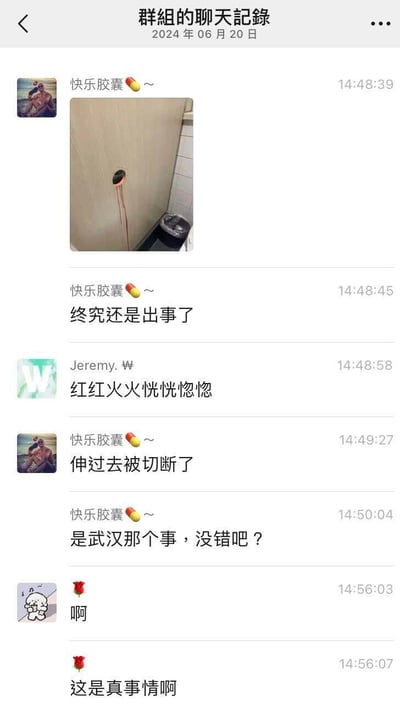 这是一张2024年6月20日的群聊记录截图，显示用户们正在讨论一起涉及武汉的事件。聊天中包含一张令人不安的图片，显示厕所隔间木板上有一个洞，下方有疑似血迹的红色液体滴落。对话内容暗示有人在该场景中受伤，具体提到"伸过去被切断了"，并明确询问"是武汉那个事，没错吧？"，最后有人表示震惊"这是真事情啊"。