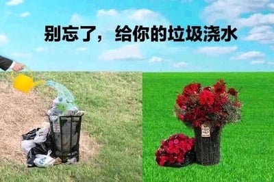 这是一张左右对比的P图改编静态作品，画面分为左右两个部分。左侧场景中，一只手握着黄色喷壶，正在给装满塑料袋等垃圾的黑色垃圾桶浇水，地面是泛黄的草地；右侧场景里，原本的垃圾桶被改成了插满盛放红玫瑰的花艺容器，旁边还有一篮散落的红玫瑰，地面也变成了翠绿的草地。图片顶部配有文字“别忘了，给你的垃圾浇水”，通过前后强烈的视觉反差，用夸张的化腐朽为神奇的创意，制造出趣味十足的视觉效果，没有双关、谐音梗等内容。