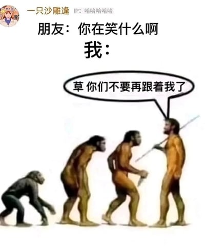 这是一张充满脑洞的搞笑改编梗图，以经典的人类进化过程示意图为基础创作。顶部设置了日常场景文字：朋友好奇询问“我”在笑什么，而“我”的脑内思绪则用进化图具象化呈现——进化到最接近现代人阶段的原始人，手持长矛，满脸烦躁地回头对着身后还处于进化进程里的祖先们大喊“草你们不要再跟着我了”。用这种无厘头的画面，生动表现出“我”笑到停不下来时，脑子里奇怪的、甩不掉的搞笑思绪，将个人的脑洞笑点转化为可视化的搞笑场景，荒诞又有趣。