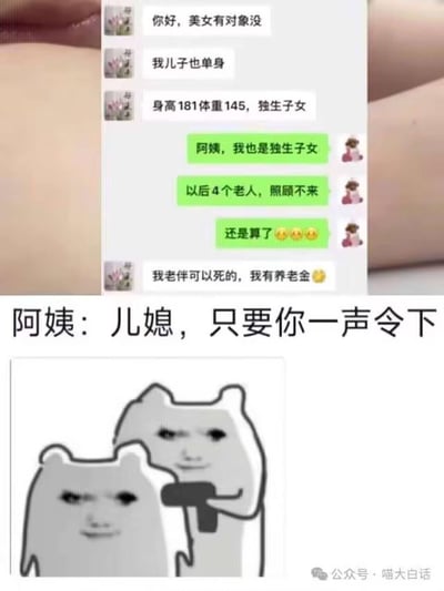 这张梗图分为上下两部分，上半部分是一段搞笑的相亲聊天记录：一位阿姨主动给女生介绍自己的单身儿子，告知儿子身高181、体重145且是独生子女；女生以双方都是独生子女，未来需要照顾4位老人难以应付为由拒绝，没想到阿姨回复“我老伴可以死的，我有养老金”，用极端的方式打消女生的顾虑。下半部分配了文字“阿姨：儿媳，只要你一声令下”，并搭配了网络流行的mur猫拿枪表情包，一只猫拿枪指着另一只，呈现出待命的姿态，夸张地表现出阿姨为了让女生成为儿媳不惜一切的荒诞态度，制造出强烈的喜剧效果。