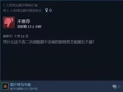 这是一张Steam平台的游戏评测截图，用户「锡斤烤鸟羊面」为某款后宫类游戏打出「不推荐」评价，累计游戏时长17.1小时，发布于7月12日。评测内容充满不满情绪，质问「凭什么这个连二次函数都不会画的废物男主能操五个逼？」，吐槽游戏里的男主能力平庸，却拥有多位女性角色围绕的后宫配置，与现实逻辑不符，表达了对该游戏角色设定的强烈不满。