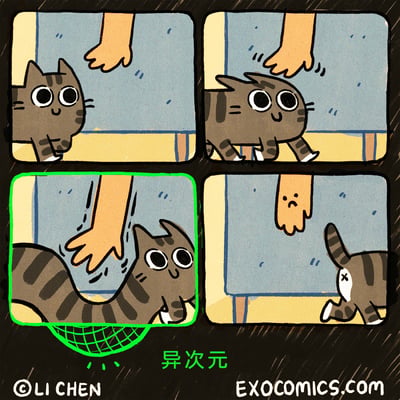 这是一幅四格卡通连环漫画，以夸张搞笑的手法描绘撸猫的趣味场景：第一格中，一只灰条纹猫咪带着开心的表情走向伸出的手；第二格，手开始抚摸猫咪，猫咪的身体被摸得微微变形，依旧保持开心神态；第三格，手持续抚摸，猫咪的身体被极度夸张地拉长，画面下方标注‘异次元’，呈现出荒诞的视觉效果；第四格，猫咪挣脱抚摸跑开，露出屁股上的叉叉标记，原本抚摸的手则垂落下来，露出难过的表情，整体充满无厘头的搞笑感。