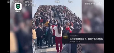 这是B站用户“青蜂侠-Bee”发布的视频截图，画面呈现了假期某热门景区的台阶区域，被数量极多的游客完全挤满，游客们摩肩接踵，台阶上有数名安保人员在维持秩序。画面上方叠加了网友的实时弹幕，内容多为对景区人满为患的惊叹；右下角则展示了一条辽宁网友的评论，以《清明上河图》作者张择端为切入点，调侃游客密集到难以用画作描绘，生动体现出假期热门景区游客爆满、拥挤不堪的现状。
