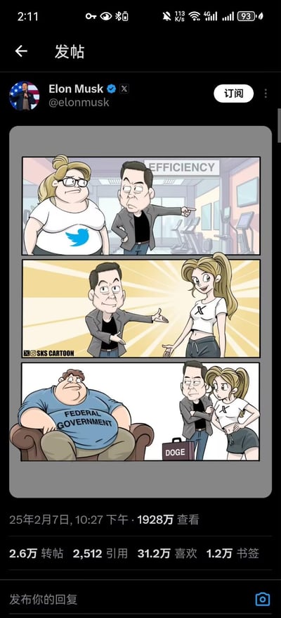 这是一张马斯克社交媒体截图，内容是一个三格漫画。第一格显示一个穿Twitter标志T恤的胖女人和一个指向'EFFICIENCY'标识的西装男人；第二格显示同一个男人向穿X标志T恤的瘦女人伸手介绍；第三格显示一个穿'FEDERAL GOVERNMENT'T恤的胖男人坐在沙发上，旁边站着那对男女，男人正对着女人耳语，地上有个标着'DOGE'的公文包。