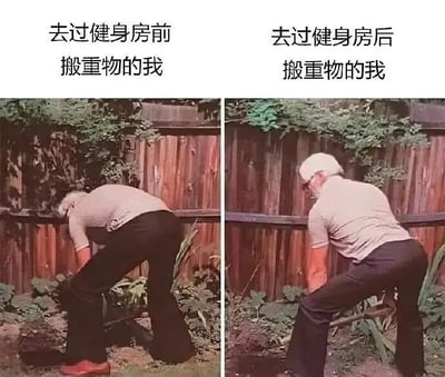 这是一张左右对比图，左侧上方文字为“去过健身房前 搬重物的我”，右侧上方文字为“去过健身房后 搬重物的我”。两张图中均为同一位白发老人，身着浅色上衣和深色裤子，在木栅栏和绿植背景前弯腰搬重物，姿势几乎完全一致。通过对比幽默地暗示，尽管去过健身房，但在实际搬重物时的姿势并未改变，调侃了健身房训练在现实生活应用中可能“无效”的现象，带有自嘲和搞笑的意味。