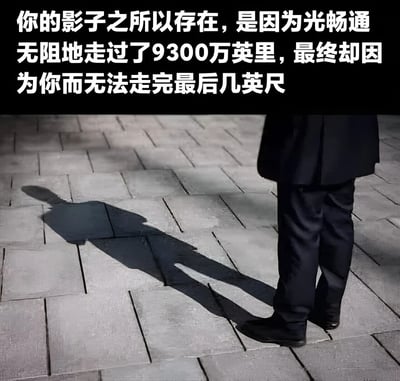 图片上半部分为黑色背景的白色文字：'你的影子之所以存在，是因为光畅通无阻地走过了9300万英里，最终却因为你而无法走完最后几英尺'。下半部分是一张实拍照片，展示了一个穿着深色裤子和皮鞋的人站在石板铺成的地面上，阳光照射下在地面投射出清晰的影子。整幅图通过光影现象与富有哲理的文字结合，引发对存在与阻碍的思考。