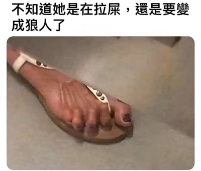 图片展示了一只穿着凉鞋的脚，脚趾呈现出不自然的蜷缩状态。上方配有文字：'不知道她是在拉屎，還是要變成狼人了'，通过幽默的方式将脚趾的奇怪姿势与用力排便或狼人变身时的状态进行类比，制造出荒诞搞笑的效果。