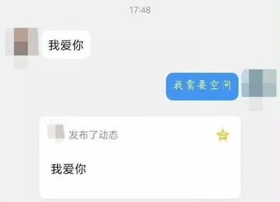 这是一张社交平台的聊天记录截图，内容玩了一个利用多义词制造的搞笑误会梗：聊天中一方向另一方告白，发送消息“我爱你”，另一方回复“我需要空间”，本意指想要更多个人私人空间，紧接着界面就弹出通知，显示告白方才发布了一条动态，动态内容正是“我爱你”，告白方将回复所说的“空间”曲解为社交平台的动态空间（QQ空间），制造出了反差搞笑的误会效果。