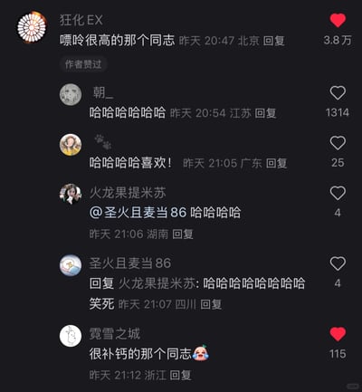 这是一张小红书平台的评论区截图，用户“狂化EX”发布了“嘌呤很高的那个同志”的趣味玩梗评论，该评论获得3.8万点赞且被原作者点赞，后续多位用户以“哈哈哈哈”类的内容回应表达喜爱，用户“火龙果提米苏”@用户“圣火且麦当86”互动，对方也以哈哈回复，最后用户“霓雪之城”发布“很补钙的那个同志”接梗，整体氛围轻松欢乐，是网友借助食物的典型营养特征创作的趣味称呼梗，在评论区引发了共鸣与互动。