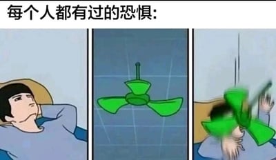 这是一幅三格连环卡通图，属于多图拼接的搞笑梗图。第一格展示了一个卡通人物躺在床上，神态放松地休息；第二格单独呈现了天花板上的绿色吊扇；第三格则是吊扇突然掉落，砸向床上的人物，人物露出惊恐的神情并做出躲避动作。图上方的文字“每个人都有过的恐惧”点明了核心，这个场景精准戳中了很多人童年时期的共同焦虑——担心天花板的吊扇会突然掉落击中自己，通过夸张的卡通化呈现，将这种生活化的小恐惧以搞笑的方式展现，引发观者的共鸣。