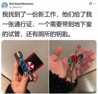 这是一张图文结合的社交平台梗图，上方为X平台用户发布的配文，称自己入职新工作收到了通行证、需带去地下室的试管和厕所钥匙；下方是左右拼接的实拍图，左侧图中手拿着印有《生化危机》反派组织保护伞公司标志的通行证、造型和游戏里病毒样本高度相似的试管，右侧图中手拿着三把分别带有梅花、红桃、黑桃装饰的钥匙，和《生化危机》里的花色门禁钥匙完全一致，玩梗吐槽新入职的公司像生化危机里的保护伞公司，暗藏危险、氛围诡异。