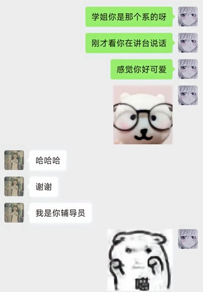 这是一张校园主题的聊天记录梗图，展示了一段社死对话。搭讪者误以为对方是学姐，接连发送“学姐你是那个系的呀”“刚才看你在讲台说话”“感觉你好可爱”等搭讪消息，消息气泡为绿色，搭配动漫女生头像。对方回复“哈哈哈”“谢谢”后，突然揭晓“我是你辅导员”，回复气泡为白色，头像是一位穿裙子的女生照片。图中还插入了两个表情包：一个是戴眼镜脸红的白色小熊，另一个是双手捂脸的黑白小熊并配“喵”字，生动表现了搭讪者得知真相后的尴尬与崩溃。