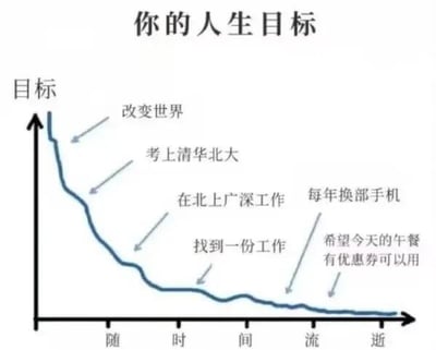 这是一张以折线图形式呈现的自嘲梗图，横轴标注“随时间流逝”，纵轴标注“目标”。随着时间推进，折线持续下降，对应的人生目标也从最初宏大的“改变世界”，依次降低为“考上清华北大”“在北上广深工作”“找到一份工作”，最后缩水到“每年换部手机”“希望今天的午餐有优惠券可以用”。图中用这种目标不断“缩水”的过程，调侃人们在成长过程中，逐渐从怀揣远大理想，慢慢回归到关注日常琐碎的真实状态，充满扎心又接地气的幽默感，引发很多人的共鸣。