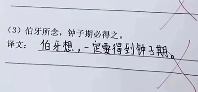 这是一张中小学语文作业的实拍图，内容是古文《伯牙鼓琴》中的句子“伯牙所念，钟子期必得之”的翻译题。学生完全误解了原句含义，将其翻译成“伯牙想，一定要得到钟子期”，这个翻译和原句“伯牙心中所想的，钟子期一定能够领会”的正确意思完全相悖，作业上的错误翻译被老师用红叉标记出来，形成了一个搞笑的乌龙场景，凸显了学生对古文语义的理解偏差。