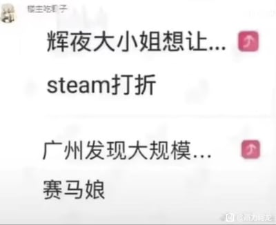 这是一张社交媒体截图形式的梗图，通过模仿新闻标题或热门内容的格式制造幽默效果。图中包含两组文字：第一组是"辉夜大小姐想让..."后面接"steam打折"，第二组是"广州发现大规模..."后面接"赛马娘"。这种格式模仿了常见的悬念式标题，但将预期中的严肃内容替换为动漫游戏相关的轻松话题，形成反差萌的搞笑效果。