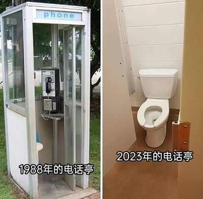 这是一张左右对比的梗图，左侧展示了1988年的公共电话亭，亭内设有一台公共电话机，是当时人们外出时进行远距离通讯的重要设施，在户外为人们提供私密的通话空间；右侧则是2023年的“电话亭”，原本的电话亭空间被改造成了一个迷你卫生间，内部放置了马桶。通过这种强烈的对比，调侃了随着移动通讯技术的飞速发展，公共电话亭逐渐失去了原本的通讯功能，被赋予了全新的实用用途，直观地展现了时代发展带来的生活设施功能的巨大变化，充满了幽默的讽刺感。