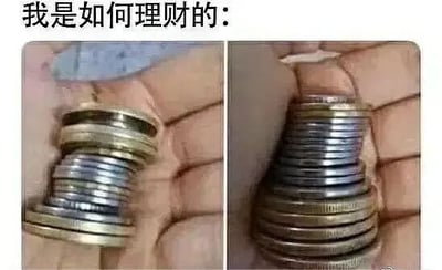 图片上方配有文字“我是如何理财的：”，下方为左右两张对比图。左侧图中一只手捧着一堆堆叠的硬币，硬币颜色和大小不一，堆叠状态略显松散；右侧图中另一只手捧着的硬币堆叠得更为整齐紧密。整体通过硬币堆叠的对比，以幽默自嘲的方式调侃个人理财的简单或无奈现状，没有明显的双关或谐音梗。