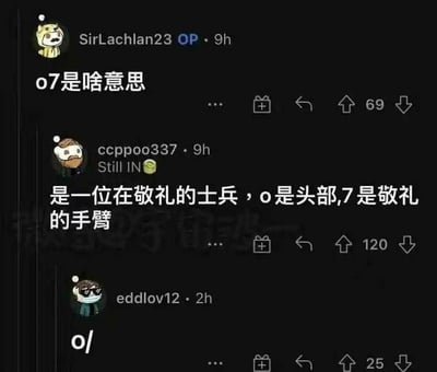 这是一张X.com（原Twitter）的社交媒体截图，展示了一个关于网络用语“o7”含义的讨论线程。用户SirLachlan23发起提问“o7是啥意思”，9小时后用户ccppoo337回复解释“是一位在敬礼的士兵，o是头部,7是敬礼的手臂”，该回复获得120个点赞。随后2小时，用户eddlov12用“o/”（类似简化版敬礼符号）进行回应，获得25个点赞。界面背景为深色模式，显示了用户头像、用户名、发布时间及互动数据（点赞数等）。