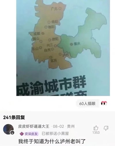 这是一张成渝城市群的地图截图，展示了成都、重庆、绵阳、德阳、自贡等多个城市的地理位置分布。地图下方是社交媒体的评论区，显示有241条回复，其中一条来自用户"皮皮虾虾逼逼大王"的评论："我终于知道为什么泸州老叫了"，该评论获得了1353个点赞。页面顶部还有"60人插眼"的浏览提示和一个眼睛表情符号。