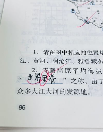 这是一张地理习题册页面的实拍图，第二题原本需要填写青藏高原的别称“世界屋脊”，答题学生误写为谐音的“世界里脊”，该错误答案被红笔圈出，“屋脊”和食物部位“里脊”谐音形成搞笑效果，页面上方还露出了部分配套的地理地图区域，底部标注页码为96