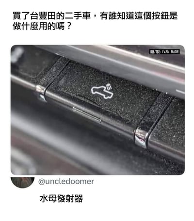 这是一张关于丰田二手车按钮用途的搞笑梗图。图中展示了一辆丰田汽车上的一个按钮，按钮图标是汽车后备箱被喷淋的符号。上方配字询问按钮的用途，下方网友神回复“水母发射器”。实际是对图标难以理解的幽默调侃，把普通车载功能用荒诞用语描述成像电影里的装备，充满网络恶搞和反差笑点。

本图属于典型的网络谐音和脑洞解读式幽默。