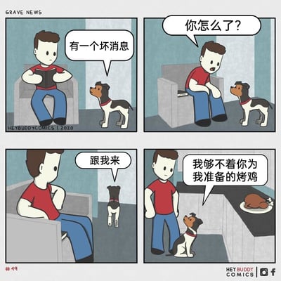 这是HEY BUDDY COMICS在2020年创作的四格幽默卡通漫画，第一格中，坐在沙发上看书的男人对着面前的狗狗说“有一个坏消息”，让狗狗露出担忧的神情；第二格中，男人看到狗狗的反应，疑惑地询问“你怎么了？”；第三格中，狗狗转身示意男人“跟我来”，带头走向厨房；第四格中，狗狗坐在厨房的柜台下方，对着男人委屈地表示“我够不着你为我准备的烤鸡”。漫画通过将狗狗够不到食物的小烦恼包装成“坏消息”，制造出强烈的反差感，凸显出宠物的可爱与日常相处中的趣味，用轻松幽默的方式展现宠物视角的小困扰。
