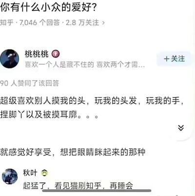 知乎上关于小众爱好的问答截图，用户'桃桃桃'分享喜欢被摸头、玩头发、捏脚丫等身体接触类爱好，称感觉很享受想眯起眼睛。另一用户'秋叶'幽默评论'起猛了，看见猫刷知乎，再睡会'，暗讽原回答像猫咪习性，形成搞笑效果。