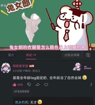 图片上半部分为卡通场景：一只戴着花朵头饰、系着领带的白色卡通角色手持教鞭，指向一件兔女郎服装，旁边配有文字“什么兔女郎”和“兔女郎的衣服是怎么稳在身上不掉的呢”，角色表情疑惑又带点夸张。下半部分是类似B站风格的评论区截图，用户“邪恶香芋派”留言调侃：“是靠全年龄tag固定的，全年龄没了自然会掉”，获608赞并被UP主认可，另有用户评论“天才”。整体通过动漫服饰疑问结合网络热词“全年龄tag”制造幽默效果，讽刺动漫中兔女郎服装不合常理的稳定性。