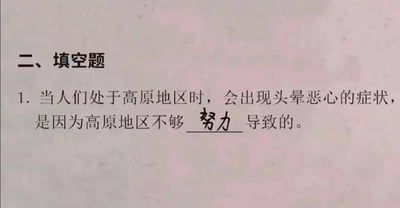 这是一张改编自考试填空题的搞笑梗图。图中显示一道填空题：“当人们处于高原地区时，会出现头晕恶心的症状，是因为高原地区不够______导致的。”其中空白处被幽默地填入“努力”二字，形成与科学事实（实际原因是缺氧）的荒诞对比，产生搞笑效果。