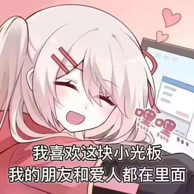 图中是一位扎着双马尾的二次元少女，她双眼弯起、嘴巴张开，露出开心兴奋的表情，趴在被称为“小光板”的电脑旁，画面旁配有爱心图案和“嘿嘿”的拟声词。配文“我喜欢这块小光板 我的朋友和爱人都在里面”，生动表达了对线上社交的依赖，将网络上的朋友与爱人视为重要陪伴，整体氛围欢快又带着宅系的可爱感。