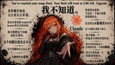 这是一张吐槽AI大模型Claude的玩梗图，整体为做旧暗黑风格，中间是身着黑色哥特裙的橙发红眼二次元女性，作为Claude的拟人形象，她神态慵懒，一只手抵在脸颊，另一只手向前伸出。图中围绕角色罗列了大量Claude在回应用户问题时常见的回避、拒答话术，顶部还有Claude的使用限额提示文字，核心位置用大字标注“我不知道”，非常直观地调侃了Claude内容审核严格、频繁回避用户提问的使用体验。