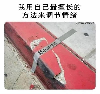 这是一张自嘲式的网络梗图，上方配有中文文字“我用自己最擅长的方法来调节情绪”，下方主体是一张现实拍摄的照片：红色路缘石已经严重开裂，几乎完全断裂，一块写有英文“Memes”（即网络梗图）的胶带试图将裂开的路缘石捆绑在一起。画面用胶带绑定裂石的行为，比喻自身情绪如同裂开的路缘石般破碎不堪，只能靠观看网络梗图的方式来勉强“修补”情绪，看似在调节情绪实则只是表面维持，生动又自嘲地体现了当代人尤其是年轻人依靠网络内容支撑情绪状态的现状，充满无奈又诙谐的意味。
