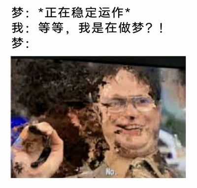 这是一张图文结合的搞笑迷因梗图，通过上方的文字构建了一个关于梦境的趣味场景：起初梦境还在正常稳定地运作，当“我”突然意识到自己正处于梦境中时，下方的画面给出了“梦”的回应——一个满脸、满身都沾满脏污的人，手里拿着虫子，脸上露出扭曲诡异的笑容，胸口还有“No”的字样。用这种失控、荒诞又滑稽的画面，生动且搞笑地还原了很多人在做清醒梦时，一旦意识到自己在做梦，梦境就会开始崩坏、变得混乱无逻辑的奇特体验，精准戳中这类经历的笑点。