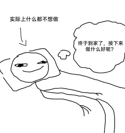 这是一幅手绘风格的黑白简笔画，画面中一个卡通人物躺在床上，盖着被子，脸上露出慵懒满足的微笑。人物的想法气泡里写着“终于到家了，接下来做什么好呢？”，同时有箭头指向人物，标注着“实际上什么都不想做”，精准还原了很多人结束外出或工作到家后，表面思考要做什么，实际只想躺着放空、什么都不做的慵懒状态，非常贴近日常疲惫后的真实心态，容易引发同类人群的共鸣。