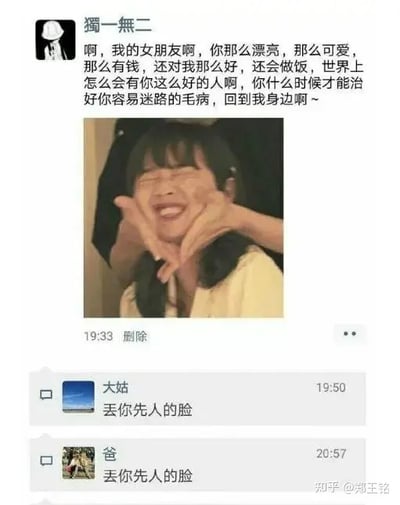 这张图是一组聊天截图，主要内容为一位用户在群聊中高调夸赞自己的女友，并发了一张女友被打码的合影。紧接着有家族成员“太姑”和“爸”统一回复“去你先人的脸”进行犀利吐槽。整体画风幽默搞笑，体现出亲人间打趣的氛围。

双关/谐音梗：回复“去你先人的脸”本带有隐晦的网络骂人语气，但这里变成了字面调侃，增添趣味。