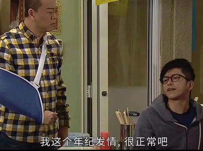 图片为电视剧生活场景截图，展示室内环境中两名中年男性的互动。左侧站立男子身着黄蓝格子衬衫，左臂佩戴蓝色臂吊带，正侧身看向右侧坐着的男子；右侧坐着的男子戴黑框眼镜，穿灰色连帽衫，面向站立者。画面底部配有对白文字：“我这个年纪发情，很正常吧”，凸显两人之间具有争议性的对话瞬间。