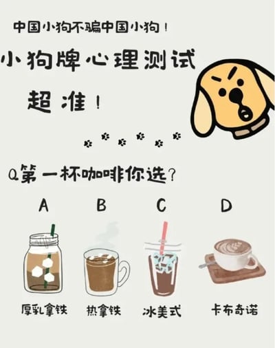 这是一张图文混排的静态趣味心理测试图，整体风格可爱治愈。图的顶部用黑色字体写着“中国小狗不骗中国小狗！”，紧接着是醒目的测试标题“小狗牌心理测试 超准！”，标题右侧配有一只表情搞怪的卡通小狗形象，它眉头微皱、舌头吐出，增添了图的趣味性。下方是测试问题“Q.第一杯咖啡你选？”，并对应给出四个咖啡选项：A是装在玻璃罐里、配有冰块和绿色吸管的厚乳拿铁；B是装在马克杯里、冒着热气的热拿铁；C是装在带盖塑料杯里、配有冰块和红色吸管的冰美式；D是放在木质杯垫上、带有拉花的卡布奇诺。该测试以贴近日常的咖啡选择为切入点，用轻松可爱的形式吸引用户参与互动。