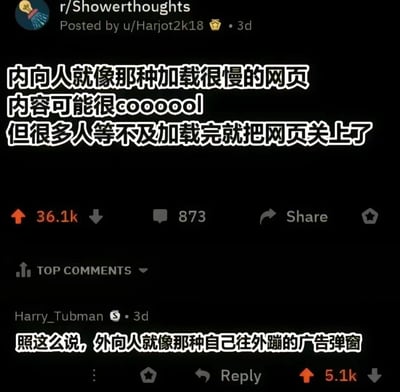 这是一张Reddit论坛r/Showerthoughts板块的帖子截图。帖子将内向人比喻为加载缓慢的网页，指出其内容可能很有趣（用coooooool强调），但常因加载速度慢被他人提前“关闭”。下方热门评论进一步延伸比喻，称外向人像主动弹出的广告弹窗，形成内向与外向性格的幽默对比。截图显示帖子获36.1k点赞和873条评论，整体通过网络相关意象生动诠释性格差异。