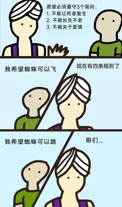 这是一则三格连环搞笑卡通漫画，第一格中，类似能实现愿望的头巾角色向绿衣服许愿人宣布许愿的三条规则：不能让死者复生、不能长生不老、不能关于爱情；第二格中，许愿人故意提出“我希望蜘蛛可以飞”的无厘头愿望，头巾角色无奈表示“现在有四条规则了”，暗指新增了禁止该愿望的规则；第三格许愿人继续提出“我希望蜘蛛可以跳”的类似愿望，头巾角色用无奈的语气说出“哥们...”，内容通过许愿人不断提出让头巾角色无语的荒诞愿望，制造出无厘头的搞笑效果，用整蛊的方式调侃许愿类的经典设定。